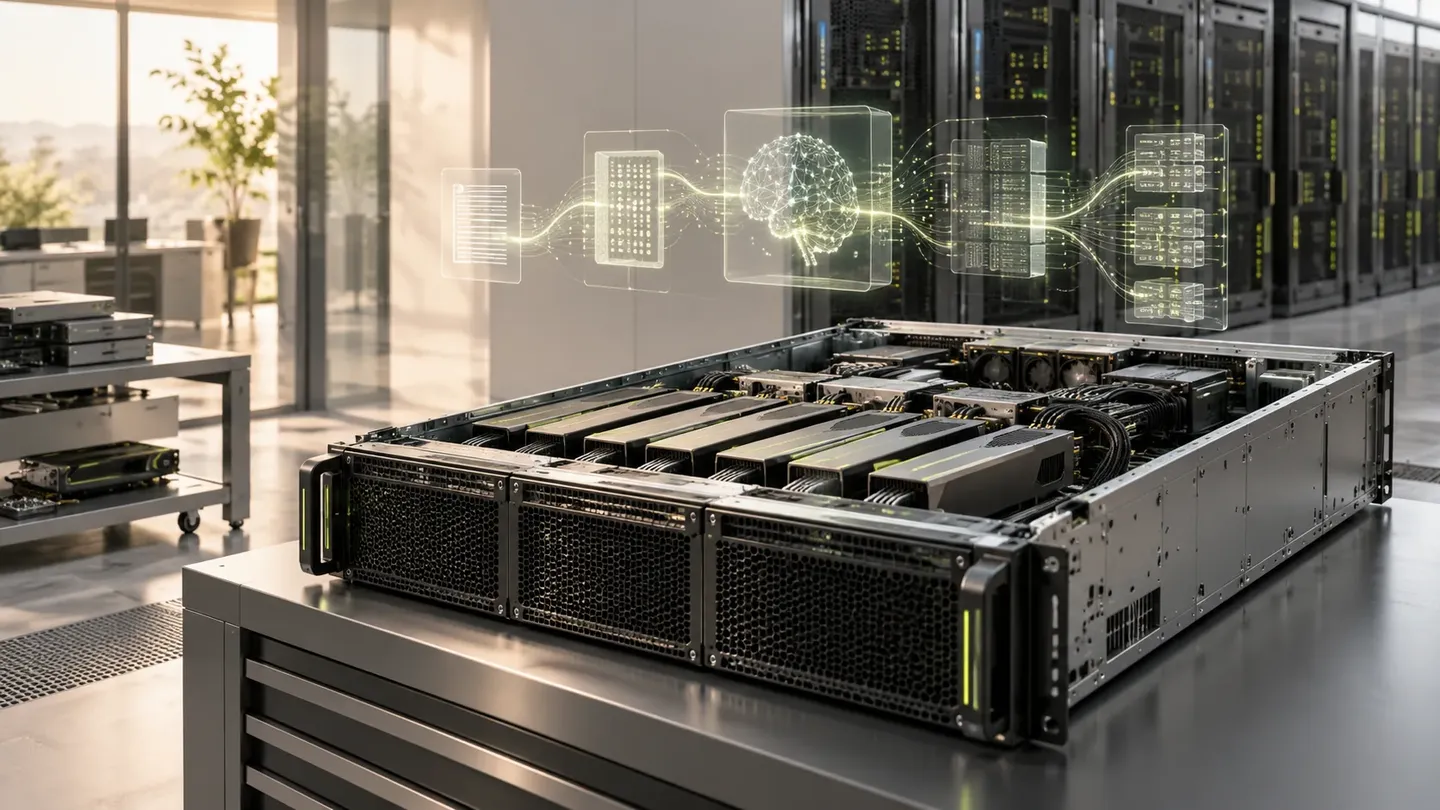 GPU-сервер в лаборатории с визуализацией обработки запросов локальной языковой моделью